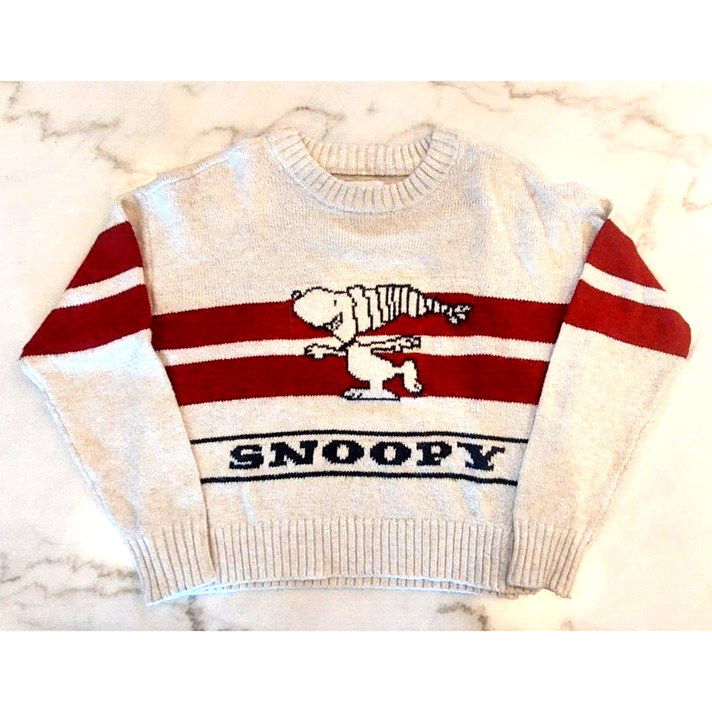 2021 American Eagle Peanuts Collaborative‎ Snoopy Cropped Sweater Beige Red XS